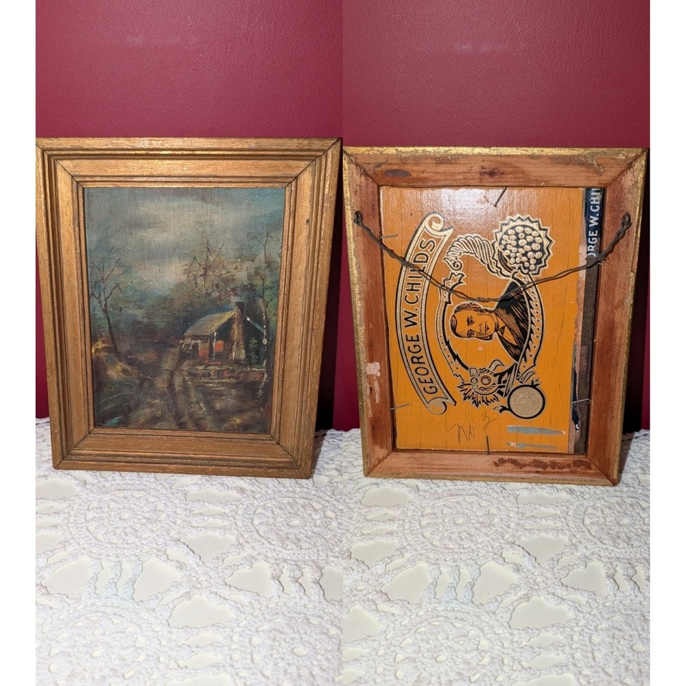 Vintage Cabin Landscape Painting‎ On Wooden George W. Childs Cigar Box Framed